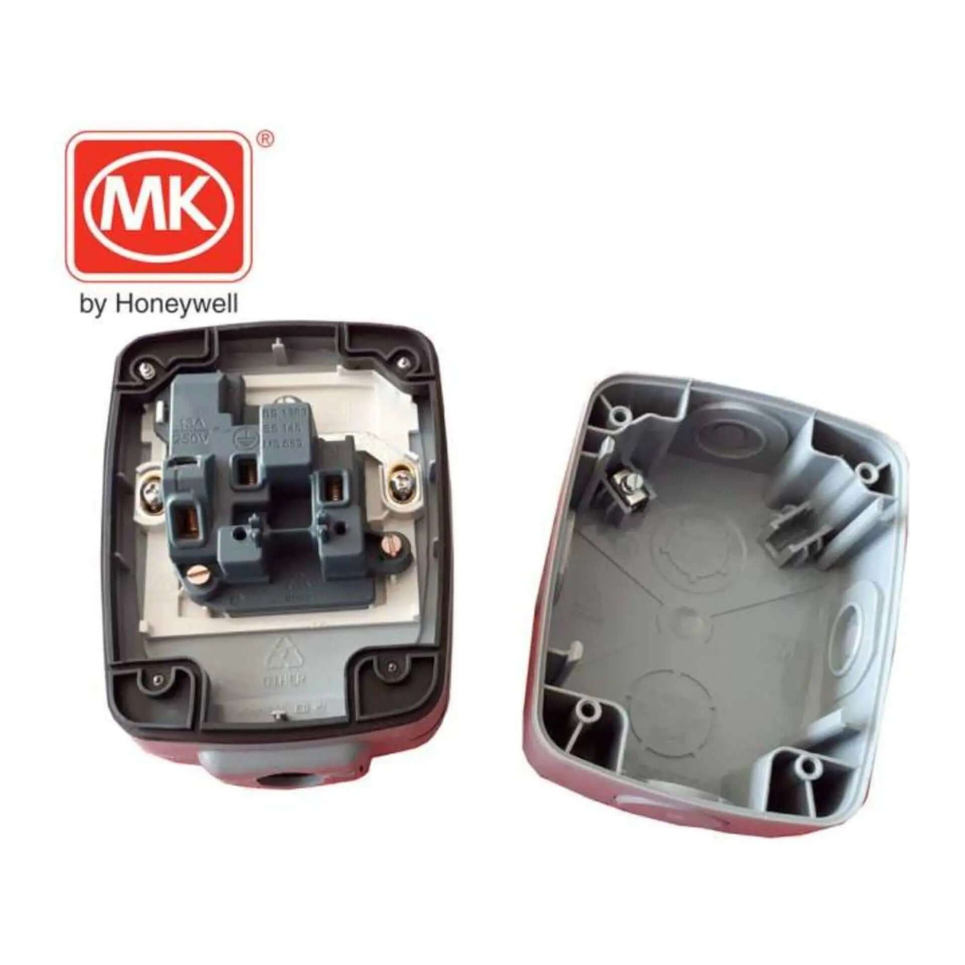 MK Electric 13A outdoor IP66 Grey switch socket Masterseal Compact 86486GRY; front view with removable cover UAE