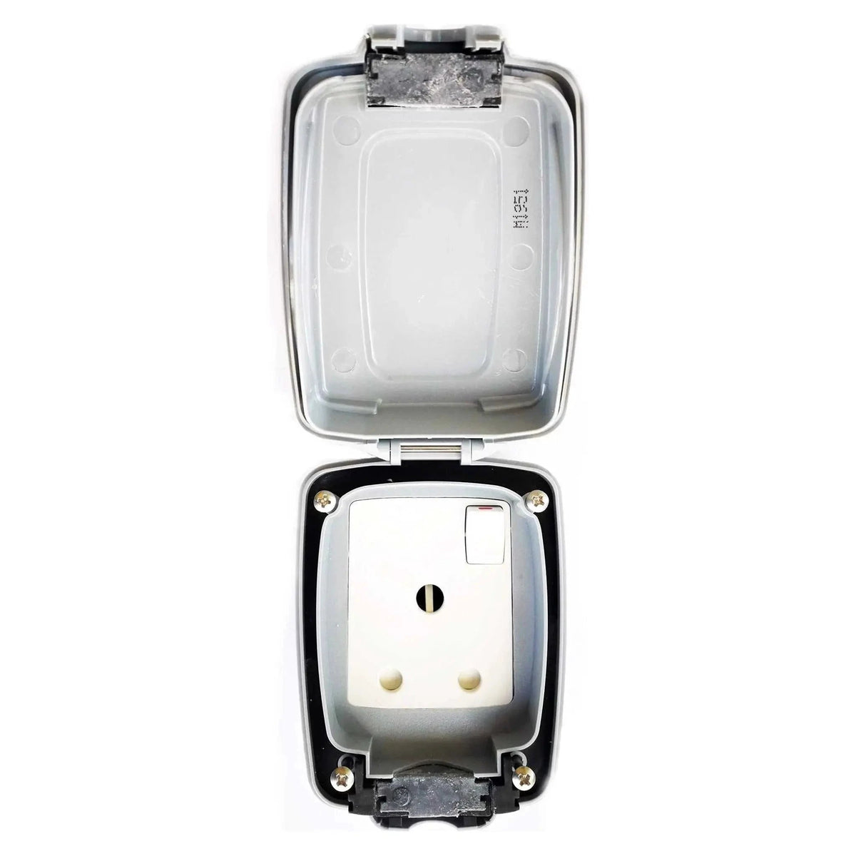 MK Electric MasterSeal 86893GRY 15A switched weatherproof wall socket with open hinged gray cover UAE