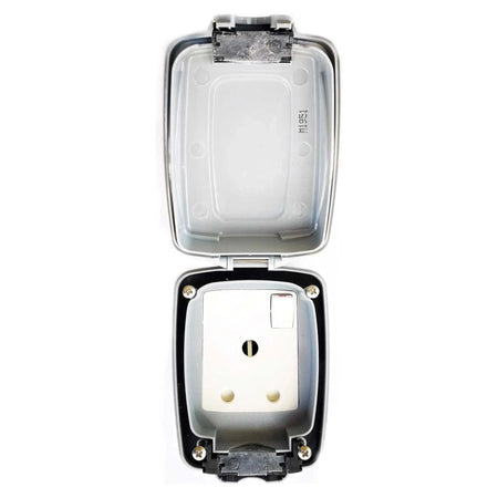 MK Electric MasterSeal 86893GRY 15A switched weatherproof wall socket with open hinged gray cover UAE