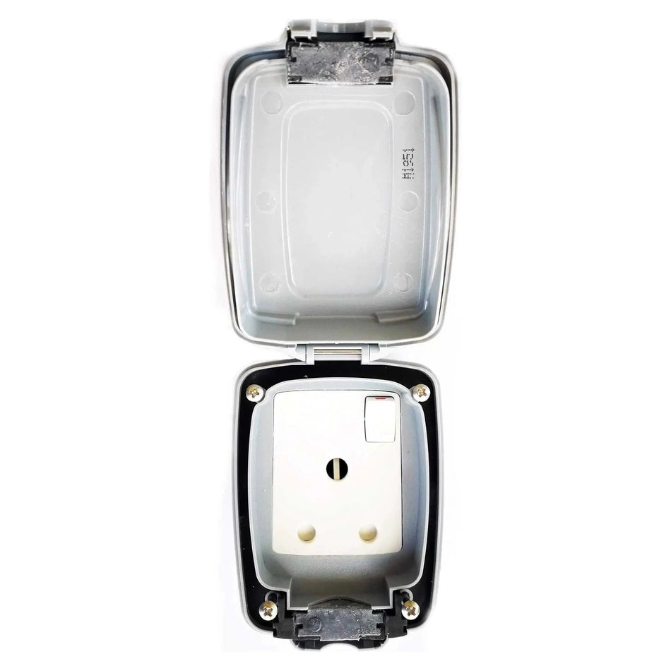 MK Electric MasterSeal 86893GRY 15A switched weatherproof wall socket with open hinged gray cover UAE