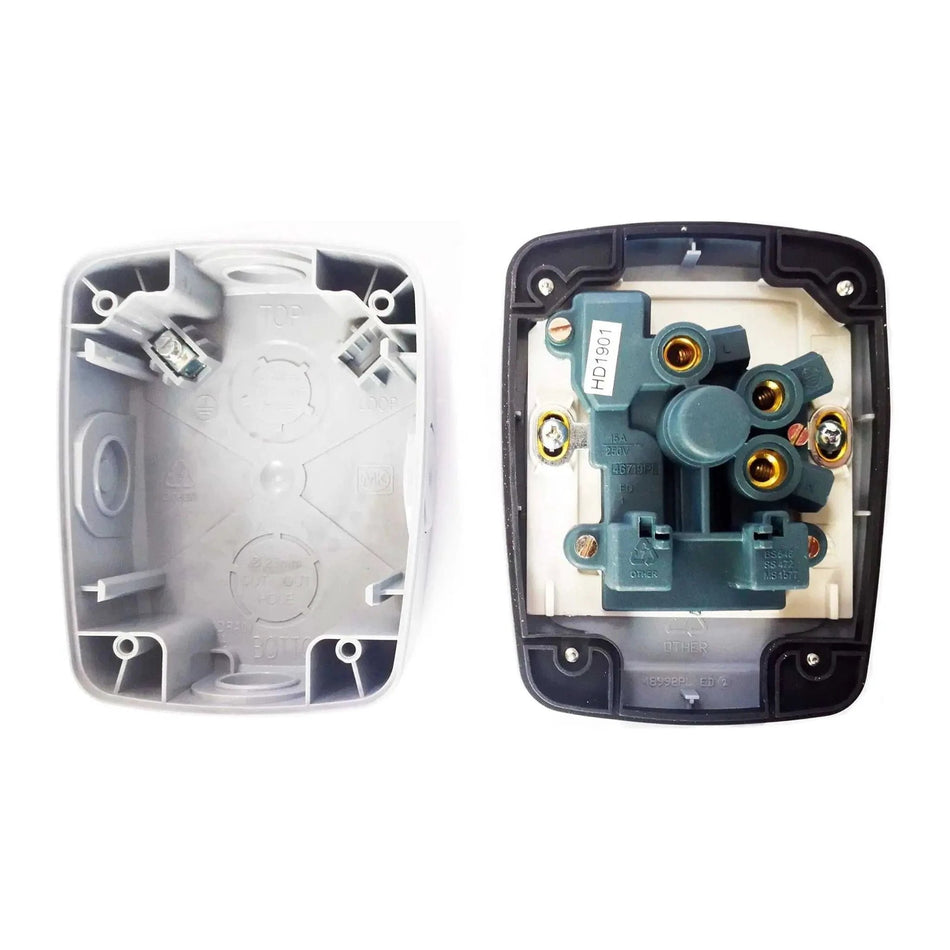 MK Electric Masterseal 86893GRY 15A switched weatherproof wall socket, gray; front cover and inner module shown UAE