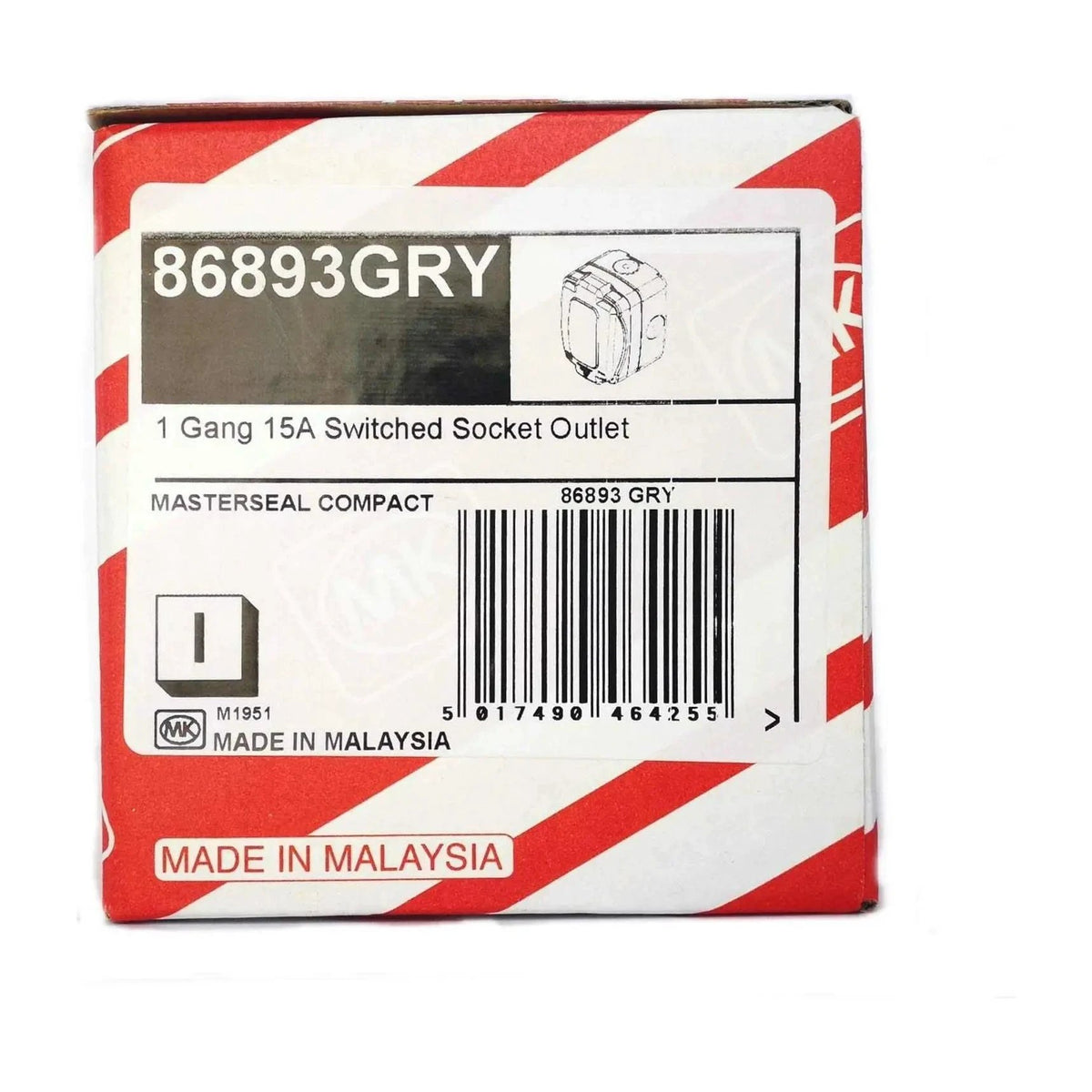 MK Electric 86893GRY Masterseal Compact 1-Gang 15A Switched Socket Outlet packaging, grey, Made in Malaysia UAE