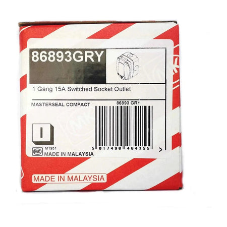 MK Electric 86893GRY Masterseal Compact 1-Gang 15A Switched Socket Outlet packaging, grey, Made in Malaysia UAE