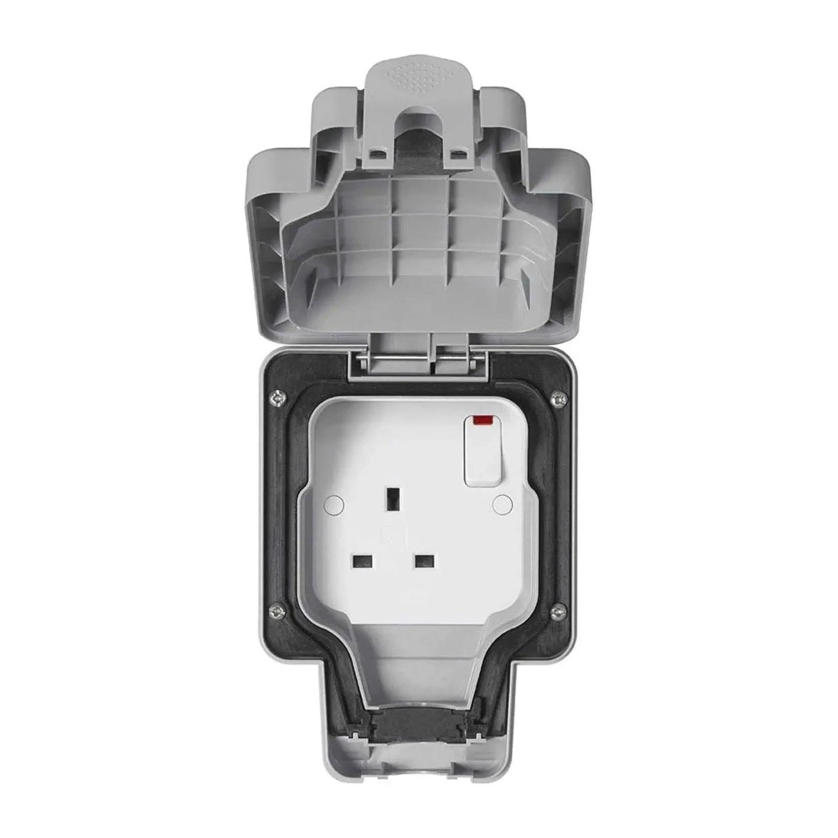 MK Electric Masterseal Plus K56486GRY 13A 1-Gang Switched Socket in grey weatherproof enclosure with open lid UAE
