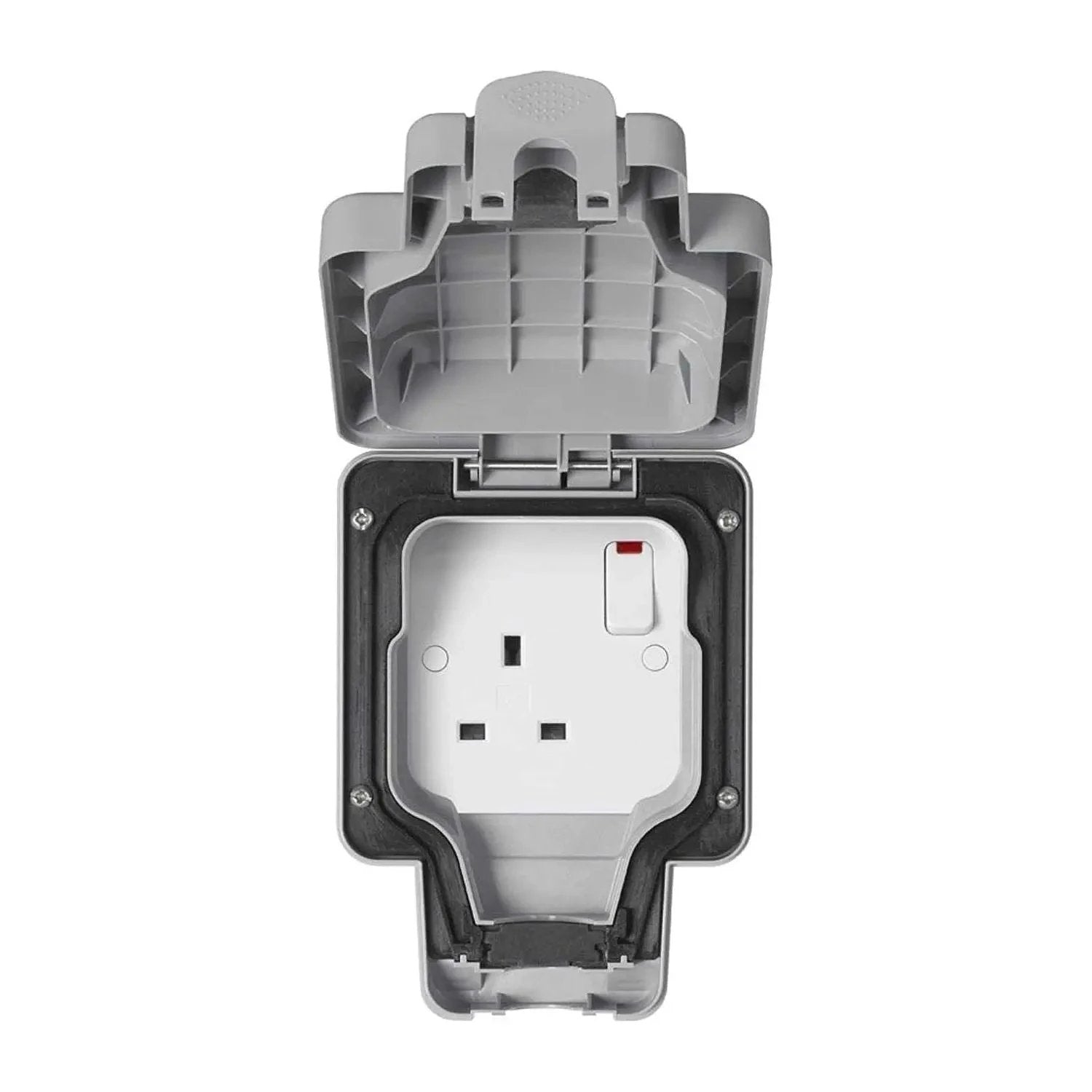 MK Electric Masterseal Plus K56486GRY 13A 1-Gang Switched Socket in grey weatherproof enclosure with open lid UAE