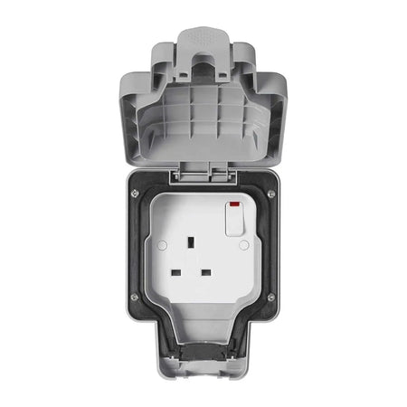MK Electric Masterseal Plus K56486GRY 13A 1-Gang Switched Socket in grey weatherproof enclosure with open lid UAE