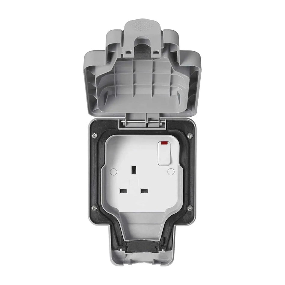 MK Electric Masterseal Plus K56486GRY 13A 1-Gang Switched Socket in grey weatherproof enclosure with open lid UAE