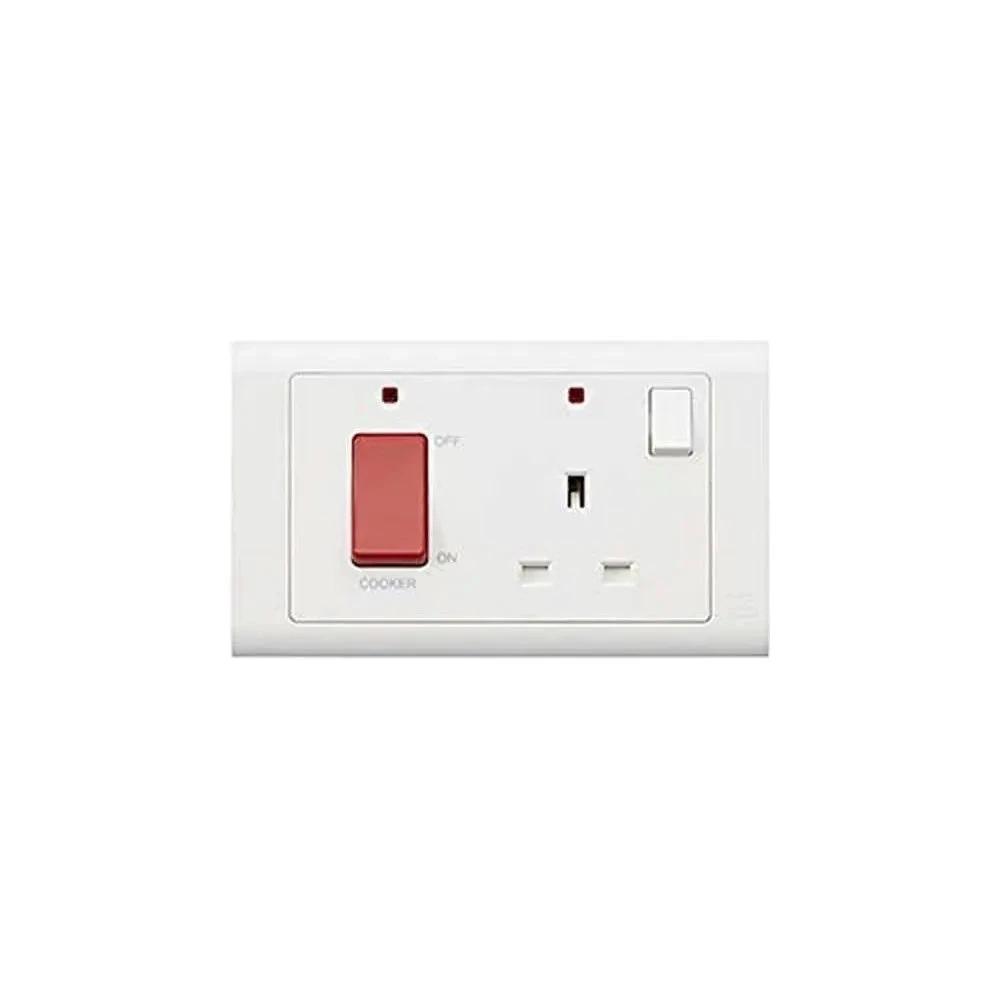 MK Electric MV5215NWHI Essentials 45A DP switch and 13A DP socket, white wall plate with red rocker and neon indicator UAE
