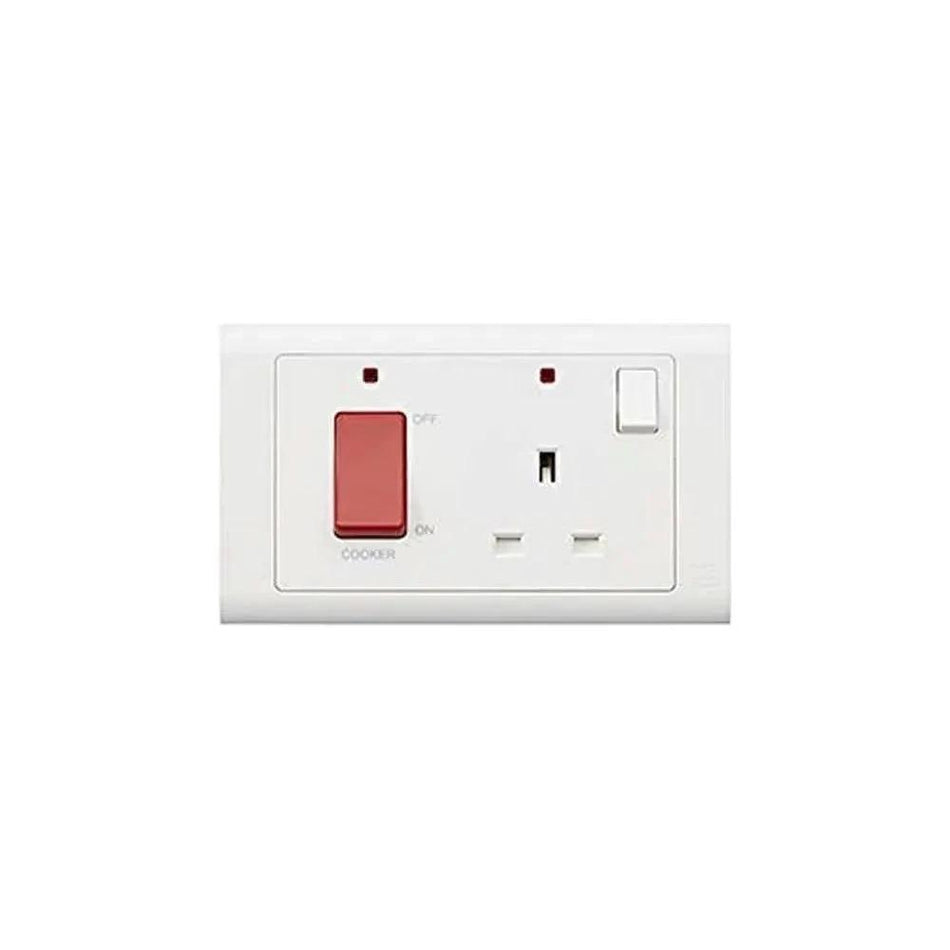 MK Electric MV5215NWHI Essentials 45A DP switch and 13A DP socket, white wall plate with red rocker and neon indicator UAE