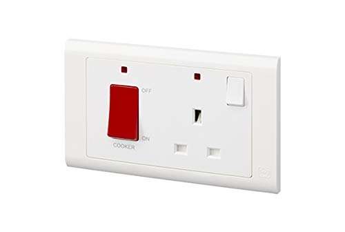 MK Electric Essentials 45A DP Switch & 13A DP Switched Socket with NEON, White MV5215NWHI - Deluxe Electricals