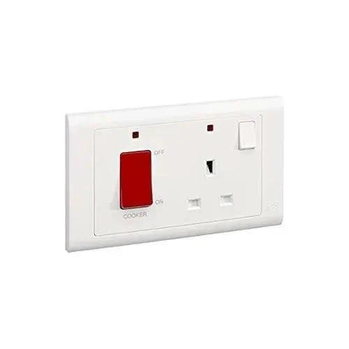 MK Electric MV5215NWHI white wall plate with 45A DP switch and 13A DP switched socket featuring neon indicator UAE