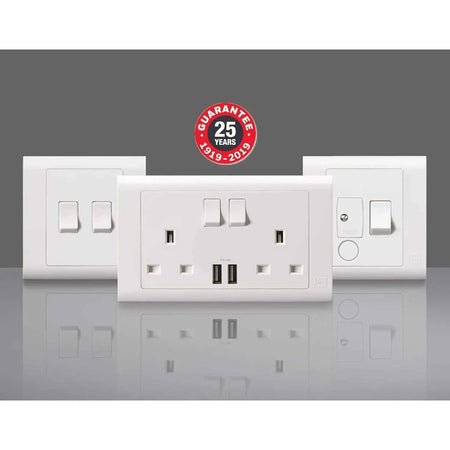 MK Electric MV2747WHI 2G 13A switched socket with USB ports on a white wall plate, front view, three plates shown UAE