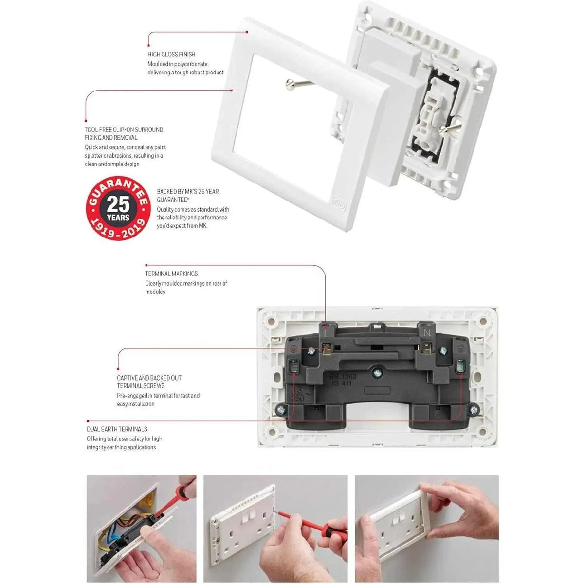 MK Electric MV2747WHI 2G 13A switched socket with white faceplate and exposed terminal block. UAE