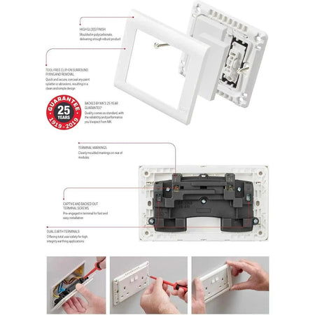 MK Electric MV2747WHI 2G 13A switched socket with white faceplate and exposed terminal block. UAE