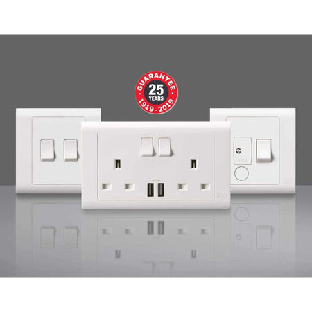 MK Essentials 10AX 1G intermediate switch with wide rocker on white multi-gang faceplate by MK Electric UAE
