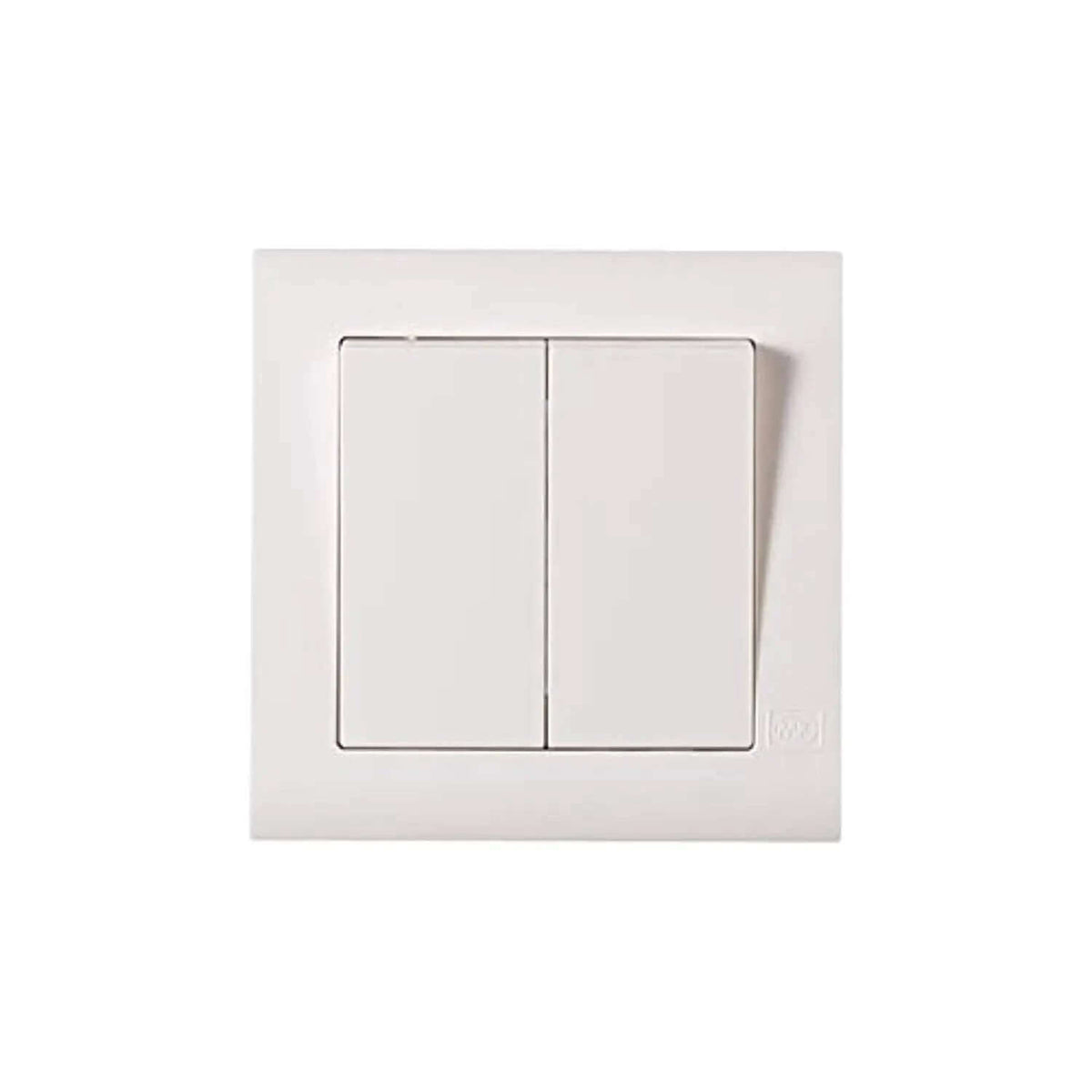 MK Electric Essentials 10AX 2G 2WAY switch, white screwless 2-gang with wide rockers, front view UAE