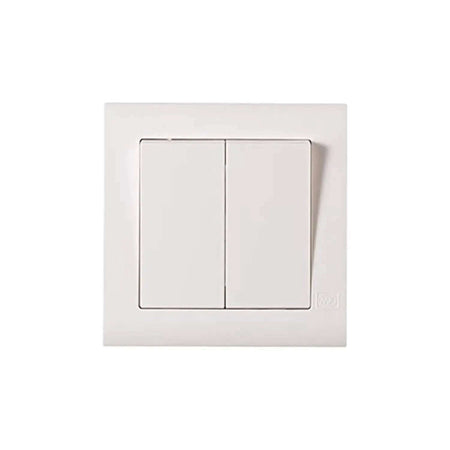 MK Electric Essentials 10AX 2G 2WAY switch, white screwless 2-gang with wide rockers, front view UAE