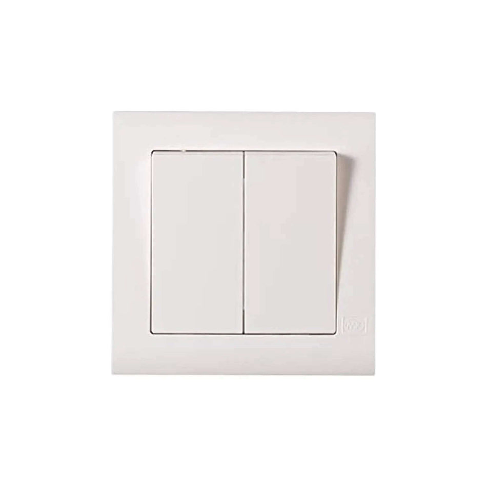 MK Electric Essentials 10AX 2G 2WAY switch, white screwless 2-gang with wide rockers, front view UAE