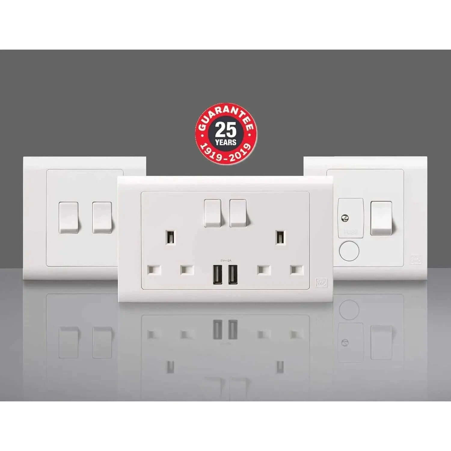 MK Essentials MV2757WHI 13A 1G SP Switched Socket, white, front view of three wall outlets UAE