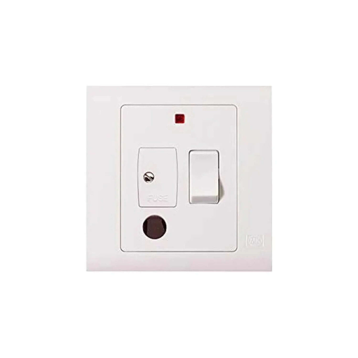 MK Electric 1G 13A switched fused connection unit on white wall plate with neon indicator and rocker switch MV1031WHI UAE