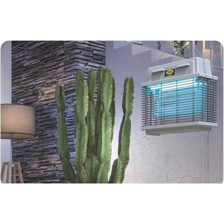 Mo-el Cri Cri 309 insect killer UV-A electric bug zapper on exterior wall with blue glow beside a cactus. UAE