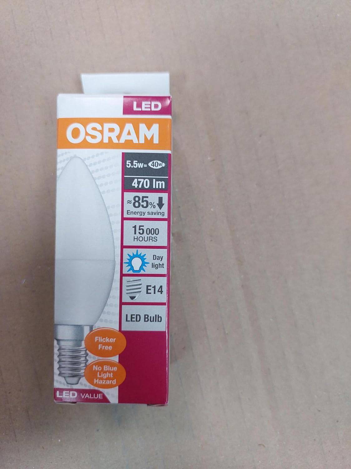 Osram Led Bulb E14 Candle Lamp 5.5W Day Light 6500K Frosted Long Life Upto 15000 Hours, White - Deluxe Electricals