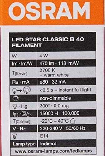 Osram LED Bulb E14 Filament Warm White 2700K 4W Classic B 40 Clear Light Non Dimmable Pack Of 10 - Deluxe Electricals