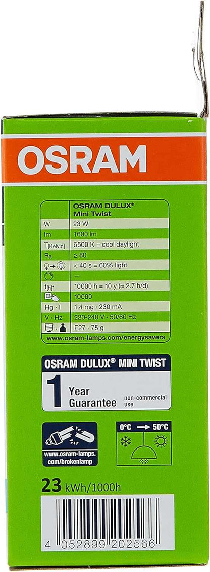 OSRAM Duluxstar Mini Twist Compact Fluorescent Integrated, Spiral Shape (23w) Screw, Base- E27, 1600 lm - Day Light 6500K /Energy Class A (Pack of 4) - Deluxe Electricals