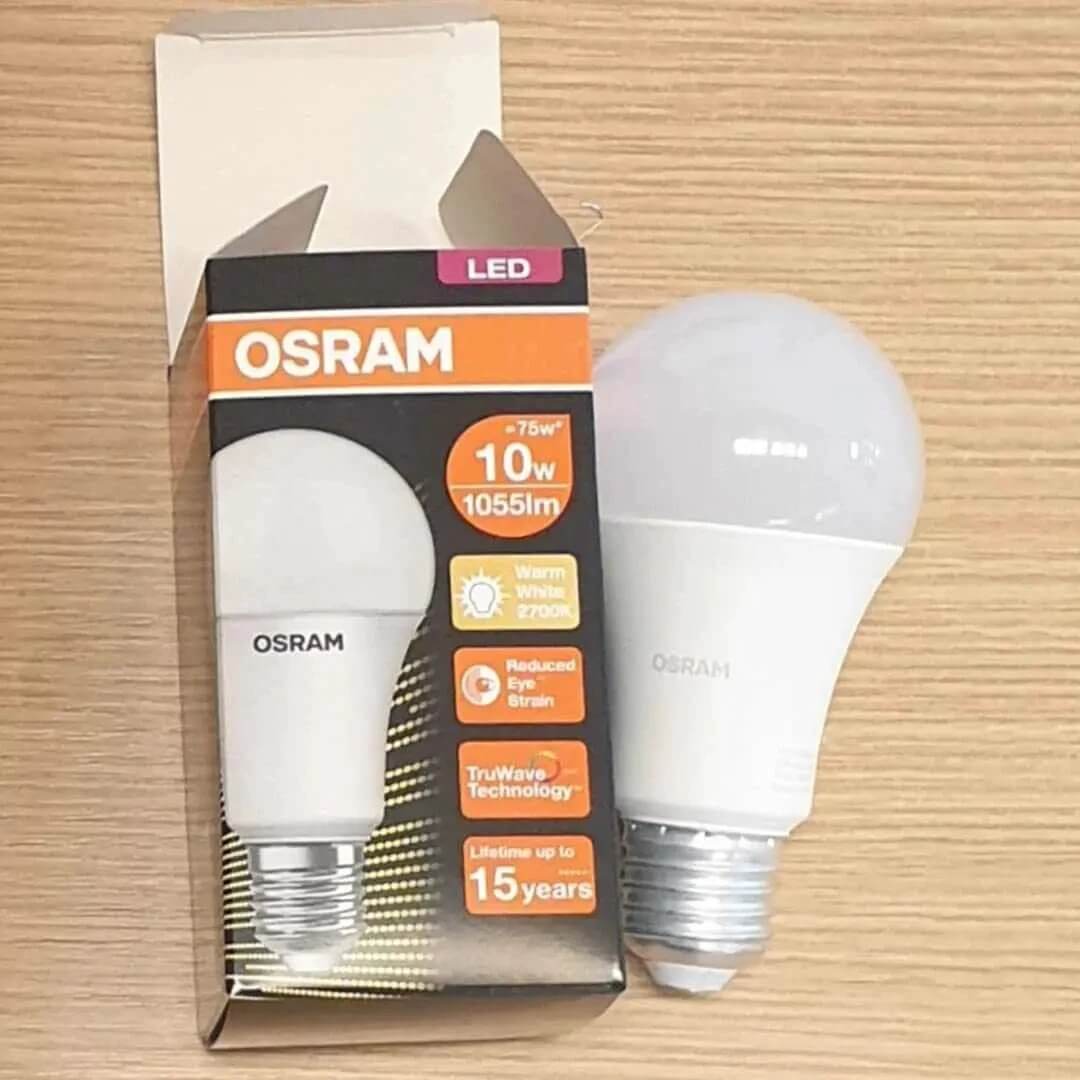 Osram E27 LED Value Classic A75 bulb with frosted finish, 10W, 2700K warm white; box and bulb shown UAE