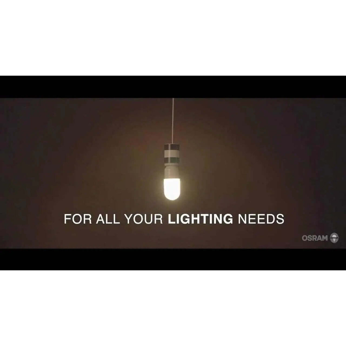 Osram LED Value Truwave E27 stick bulb 10W 230V glowing in a hanging pendant light; Osram logo visible. UAE