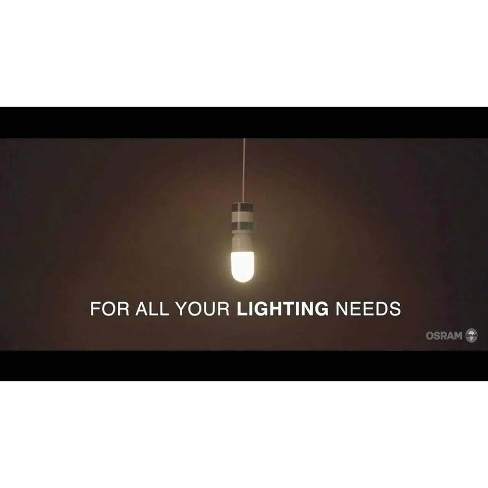 Osram LED Value Truwave E27 stick bulb 10W 230V glowing in a hanging pendant light; Osram logo visible. UAE