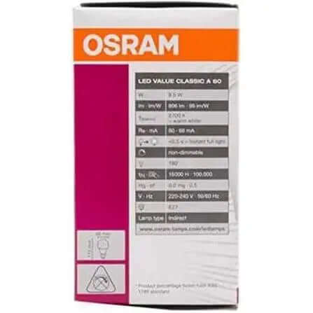 Osram LED bulb Clas A 8W 2700K warm white, E27 base, shown in its packaging box. UAE