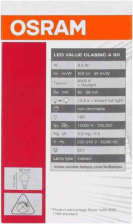 Osram Led Bulb E27 Value Lamp Clas A 8.5 W/6500K Cool White (Combo Pack Of 10) - Deluxe Electricals