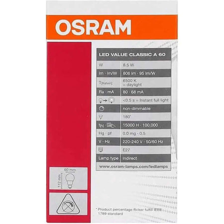 Osram LED Bulb E27 Value Lamp Classic A 8W, 6500K cool daylight, boxed packaging with Osram logo UAE