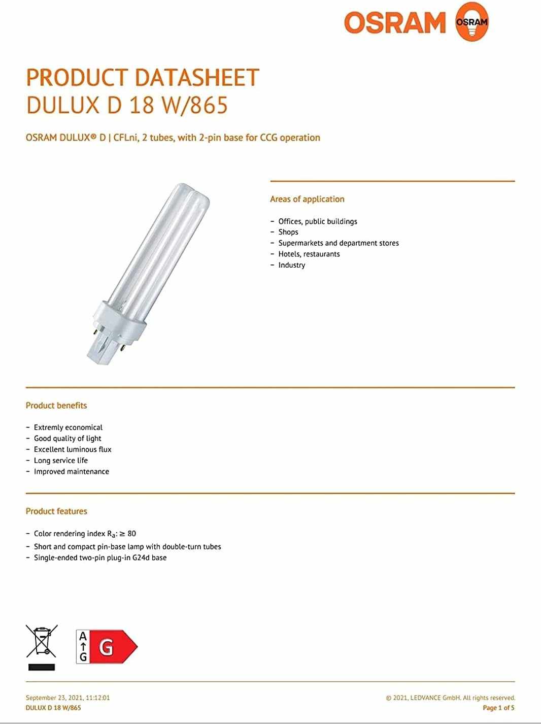 Osram PL Lamp Dulux D 18W 2Pin G24d-2, 1800Lm 6500K - Deluxe Electricals