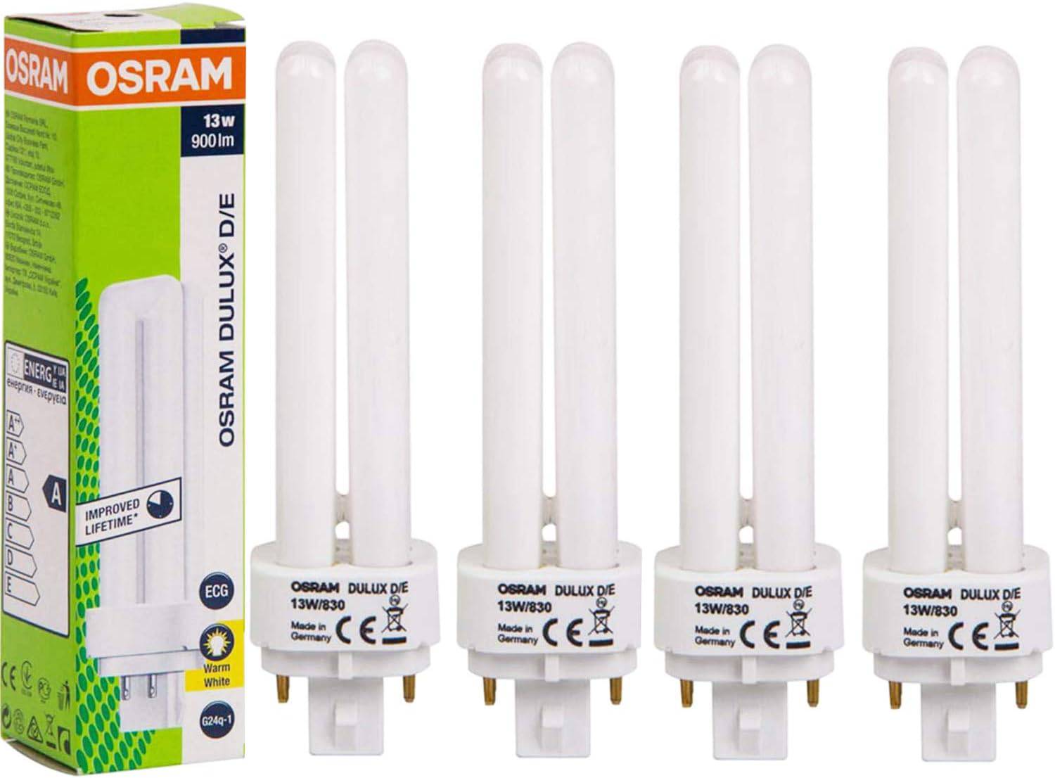 Osram PL Lamp Dulux D/E 13W 4Pin G24Q-1, 1800 Lm 3000K (Pack of 4) - Warm White - Deluxe Electricals