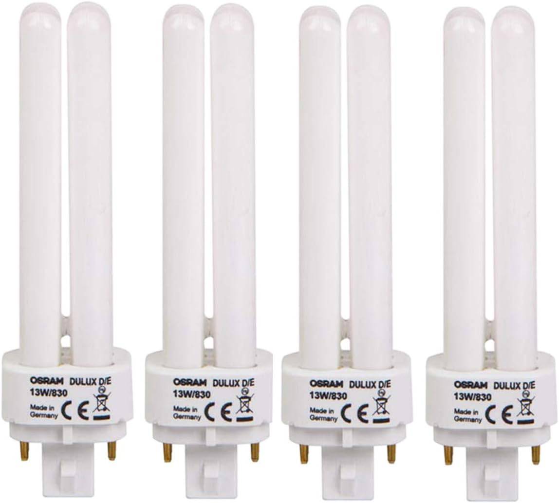 Osram PL Lamp Dulux D/E 13W 4Pin G24Q-1, 1800 Lm 3000K (Pack of 4) - Warm White - Deluxe Electricals