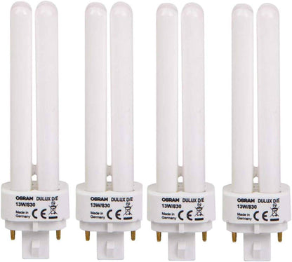 Osram PL Lamp Dulux D/E 13W 4Pin G24Q-1, 1800 Lm 3000K (Pack of 4) - Warm White - Deluxe Electricals