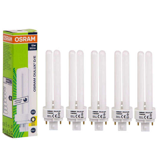 Osram PL Lamp Dulux D/E 13W 4Pin G24Q-1, 1800 Lm 3000K (Pack of 5) - Warm White - Deluxe Electricals