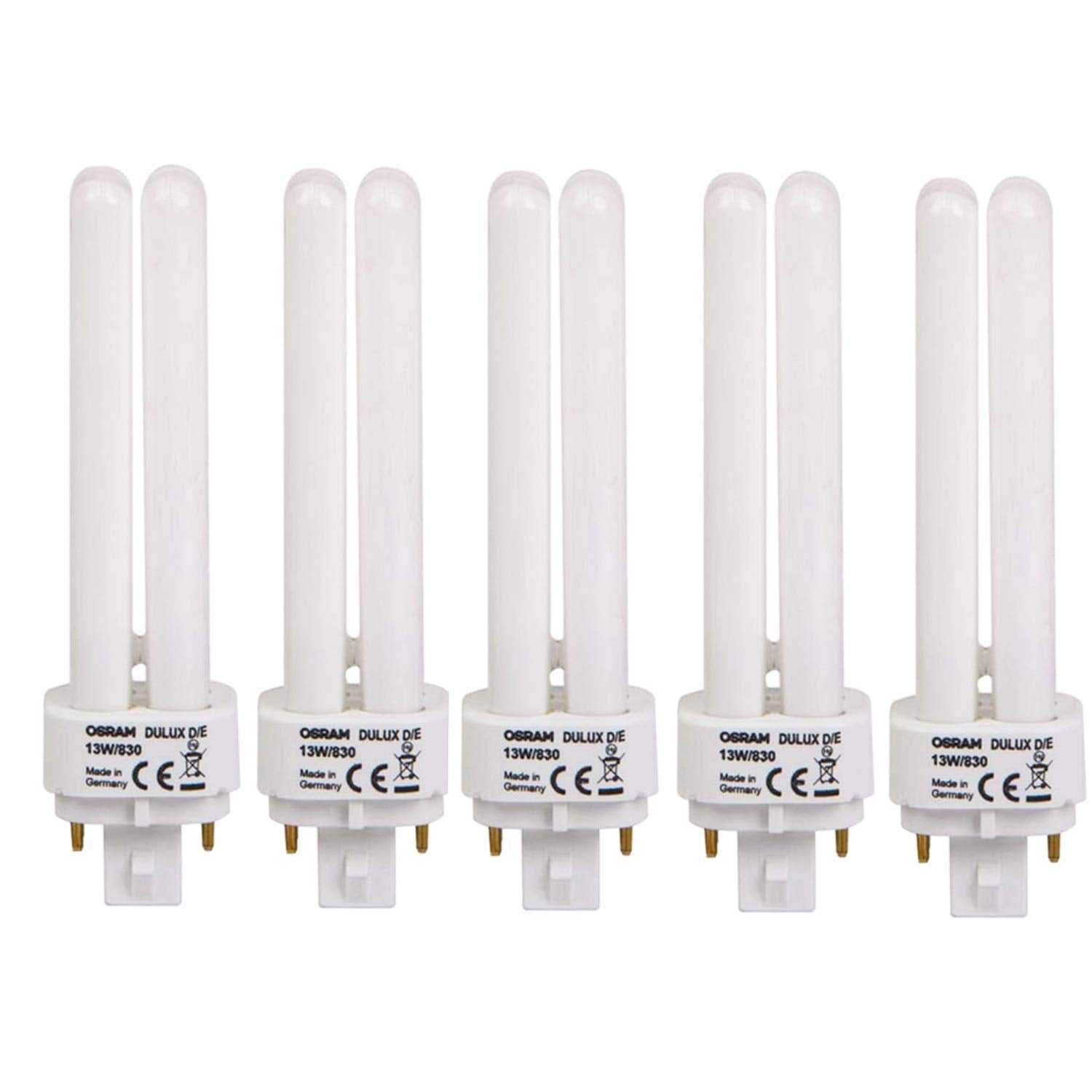 Osram PL Lamp Dulux D/E 13W 4Pin G24Q-1, 1800 Lm 3000K (Pack of 5) - Warm White - Deluxe Electricals
