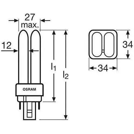 Osram Dulux D/E 26W 4-pin G24Q-3 PL lamp, 1800 lm, 3000K; technical diagram with twin U-tubes and Osram base. UAE