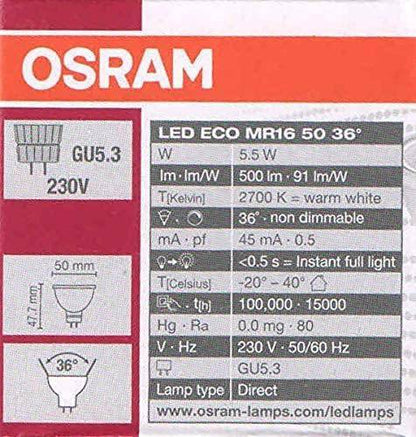 Osram LED ECO MR16 Spotlight GU5.3 Warm White 2700k - Pack of 10 - Deluxe Electricals