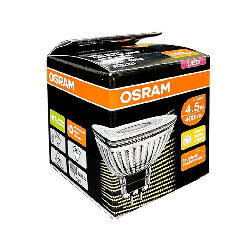 Osram MR16 LED spotlight lamp packaging showing 4.5W, 12V, 400lm, warm white UAE