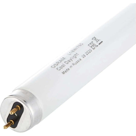 Osram tube light, white, 18W, 2ft T8, fluorescent lamp with metal end caps and twin-pin base visible. UAE