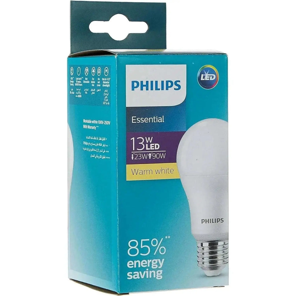 Philips Essential LED Bulb packaging box, 13W LED, E27 base, warm white bulb image UAE