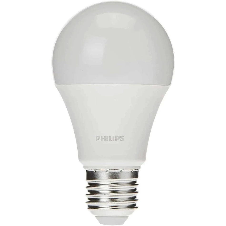 Philips Essential LED bulb, 11W, E27 base, white plastic body with frosted glass bulb, warm white 3000K. UAE