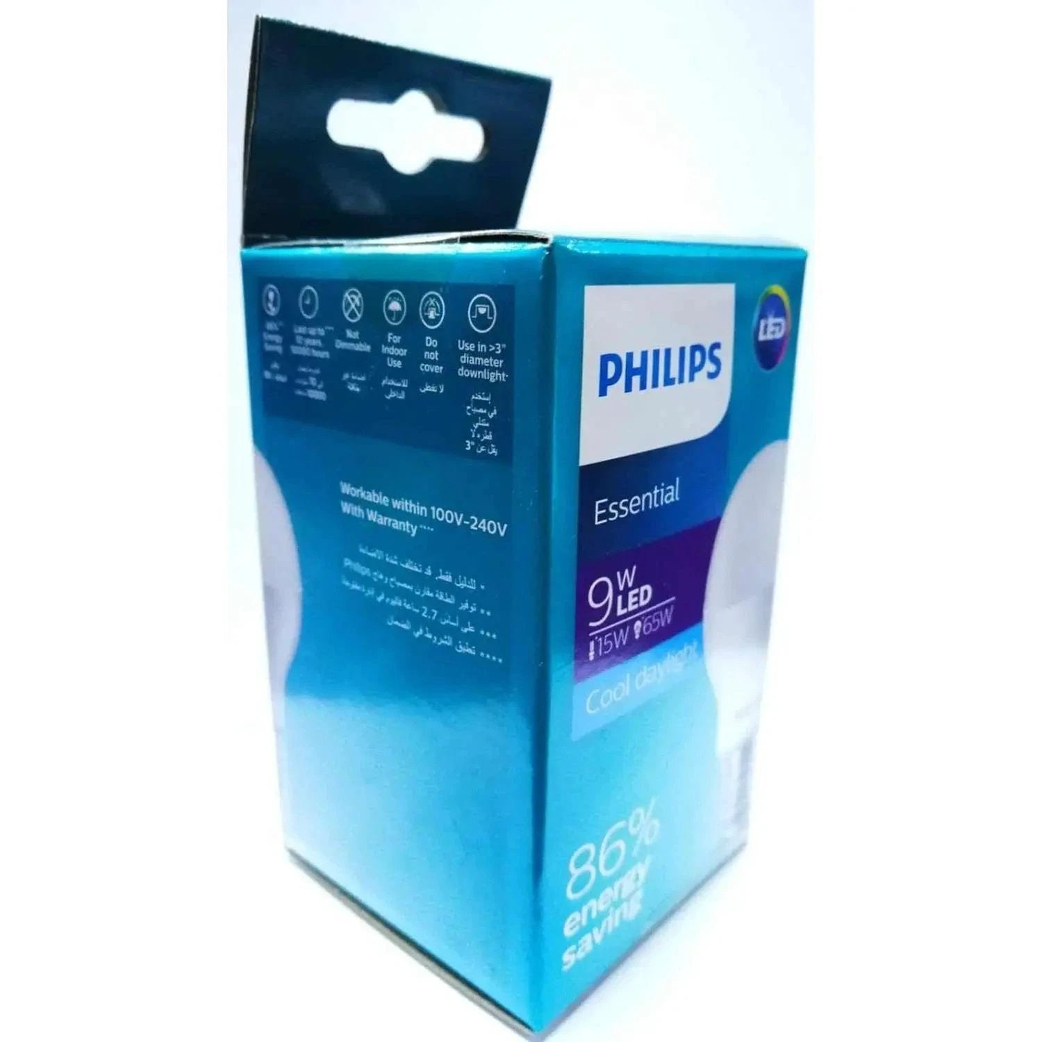 Philips Essential LED Bulb 9W E27 packaging box front view, blue box, 6500K cool daylight UAE