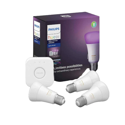 Philips Hue UAE White & Colour Ambiance LED Smart Bulb - Starter Kit (3 bulbs & Bridge) , Bluetooth & Zigbee compatible , Works with Apple Homekit, Siri, Alexa, Google Assistant and Many More - Deluxe Electricals