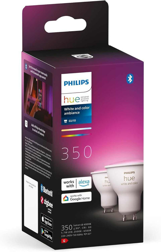 Philips Hue White and Colour Ambiance Smart Light 2 Pack [GU10 Spot] With Bluetooth. Works with Alexa, Google Assistant and Apple Homekit - Deluxe Electricals