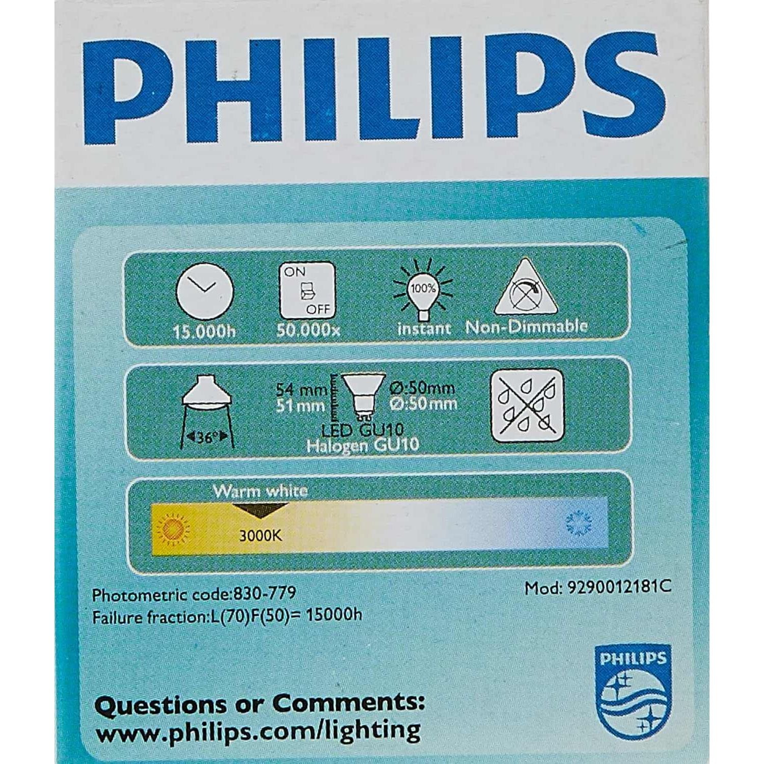 Philips Essential Led Spot 4.6-50W Gu10 830 36D, 929001218108, White - Deluxe Electricals